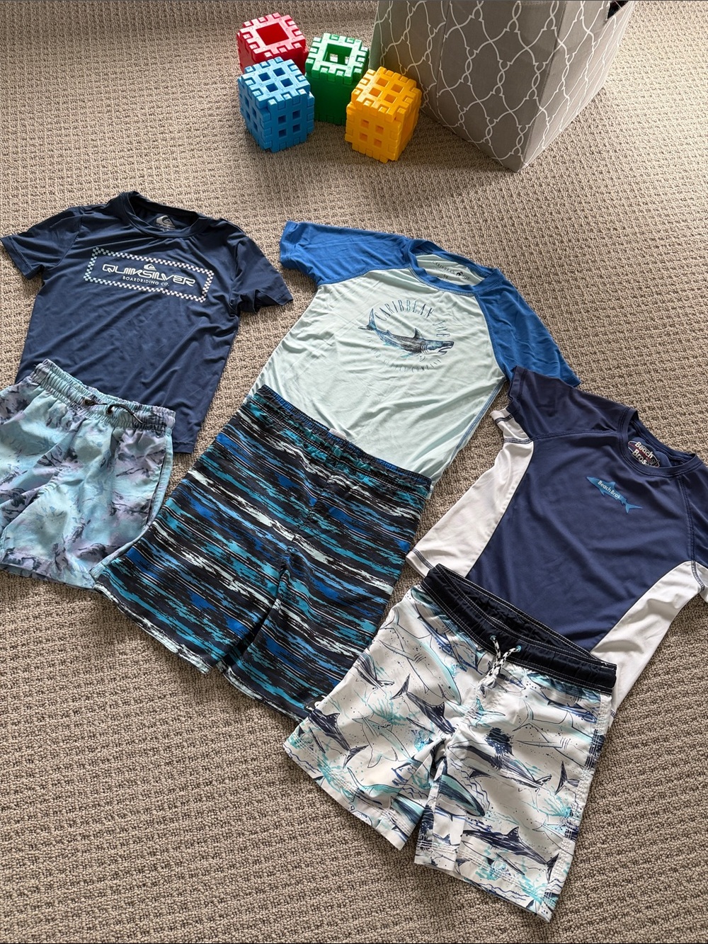 Bundle of 3 Boys' Blue Multi Graphic Rash Guards & Swim Shorts Set
